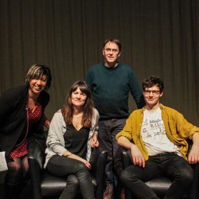 (left to right) Masterclass host Trish Adudu with producer Ella Kelly, director Ian Barber and Patrick Walshe McBride who plays Sebastian in the show