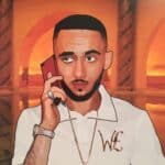 Stylised portrait of a man using a phone.