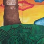 Colourful painting of a patterned landscape.