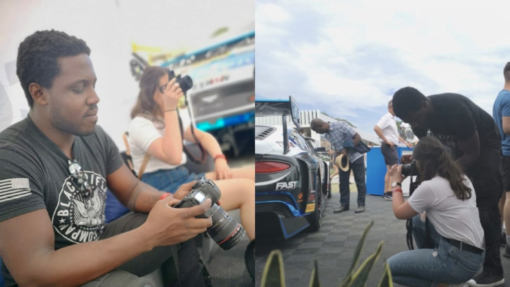 Two images merged of Student with Luke Wilson taking photos