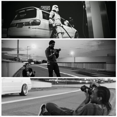 Three pictures of photographers shooting a car