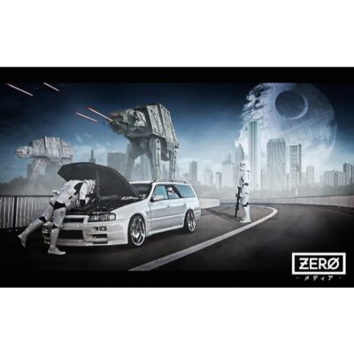 White car with star wars characters surrounding it