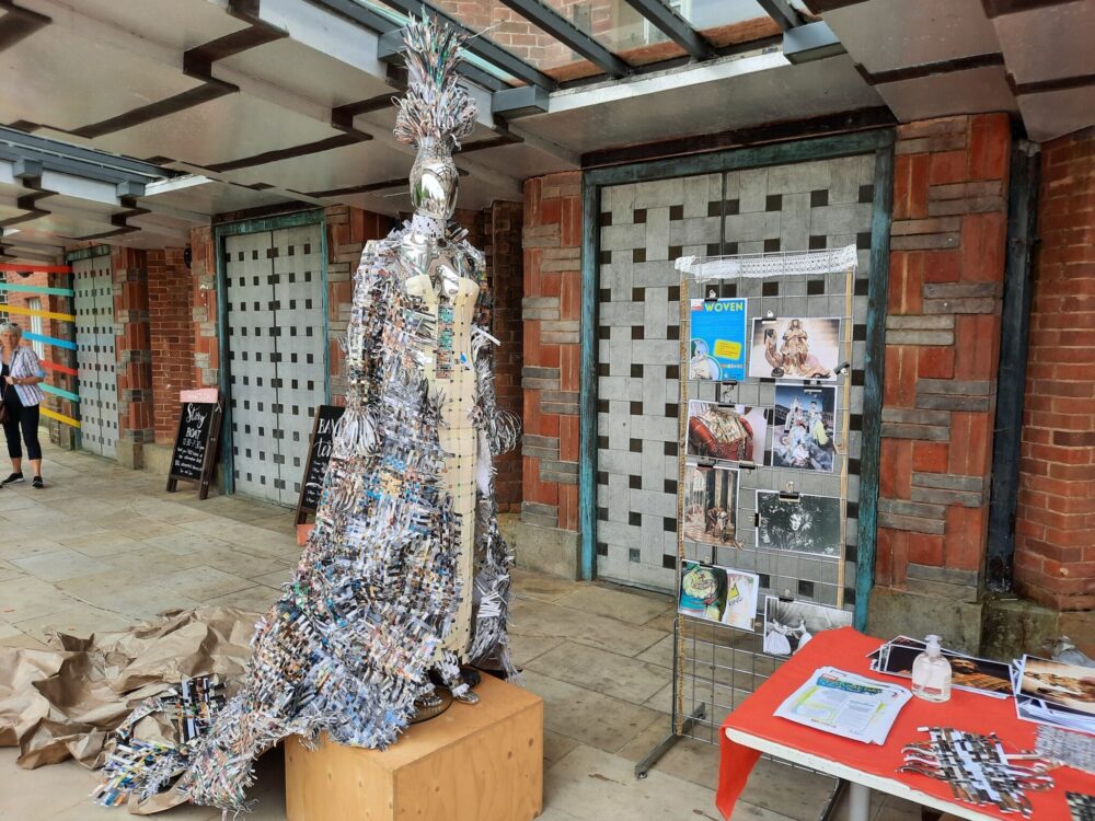 Dress made of paper weaves on display in Stratford