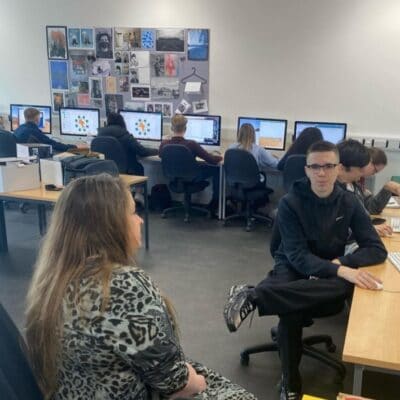 Sarah Ashworth with students at Stratford College