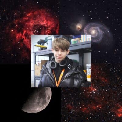 students face on backdrop of photos of stars