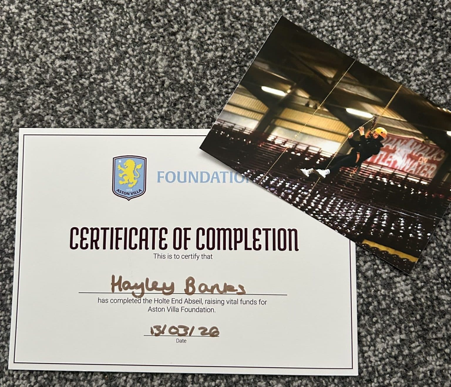 Hayley received a photograph and certificate to commemorate her achievement