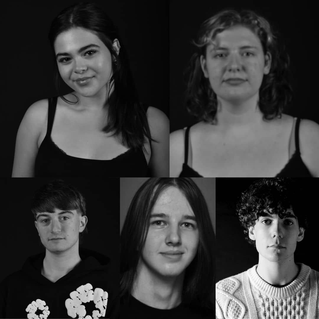 Headshots of Acting students Thea, Beth and Oscar and former students McKenzie and Freddie